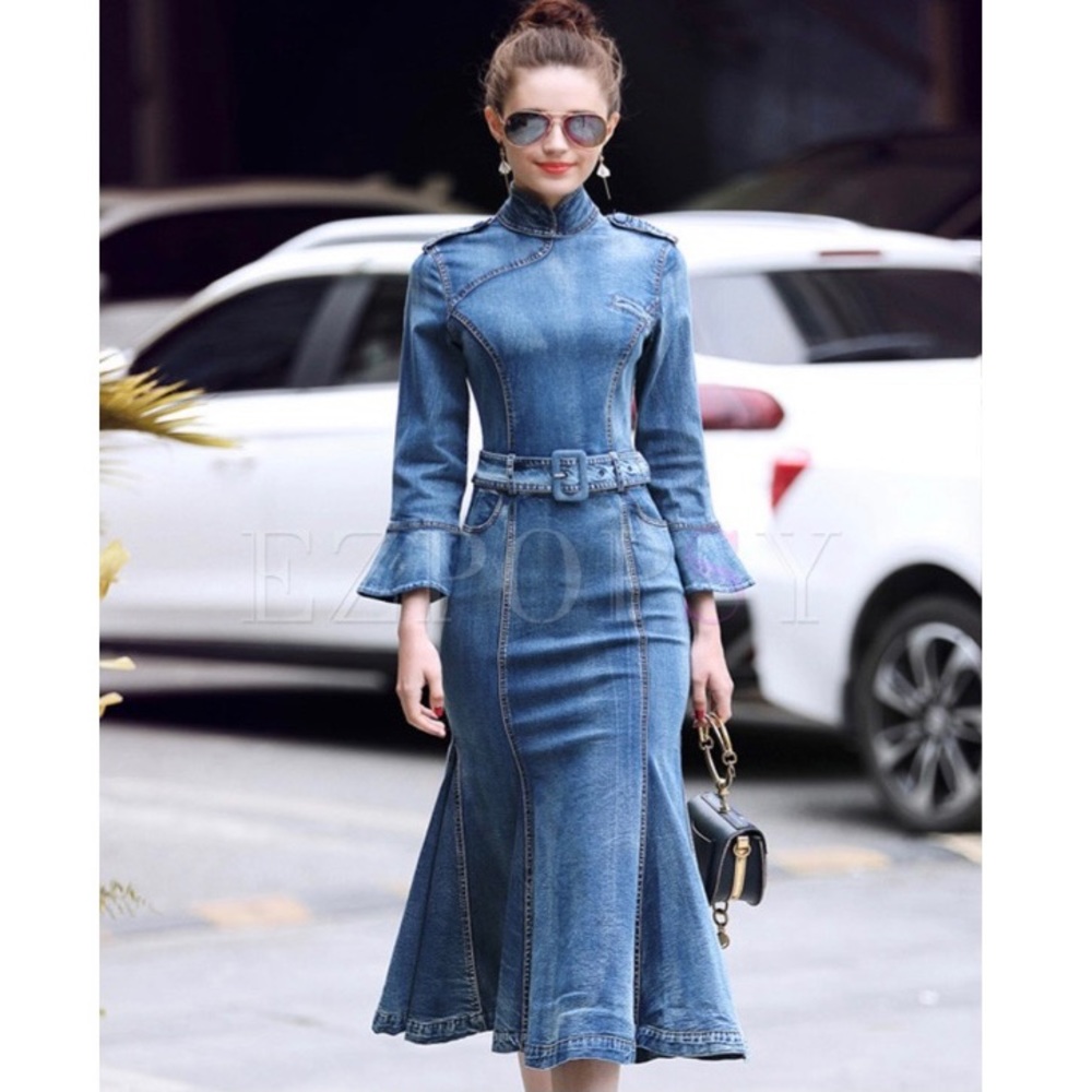 Women’s Belted Denim Peplum Dress